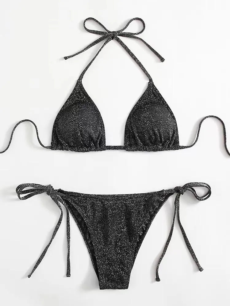 Women's khaki gold bandage bikini with adjustable straps on a beach background