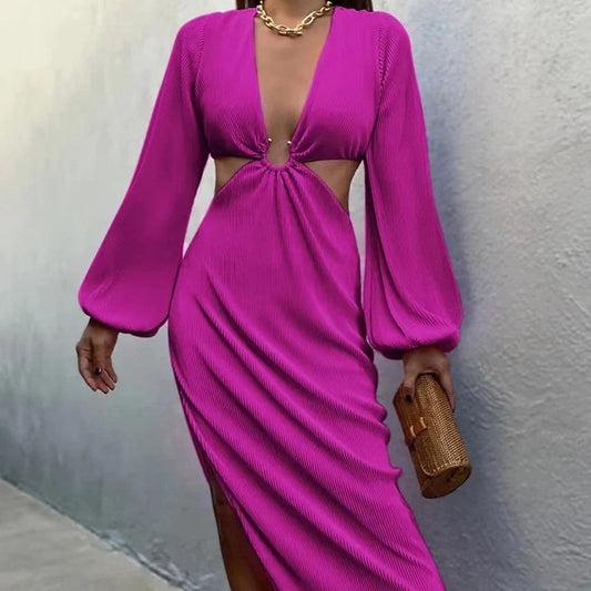 Stylish autumn waistless pleated dress for women in yellow, black, and dark pink