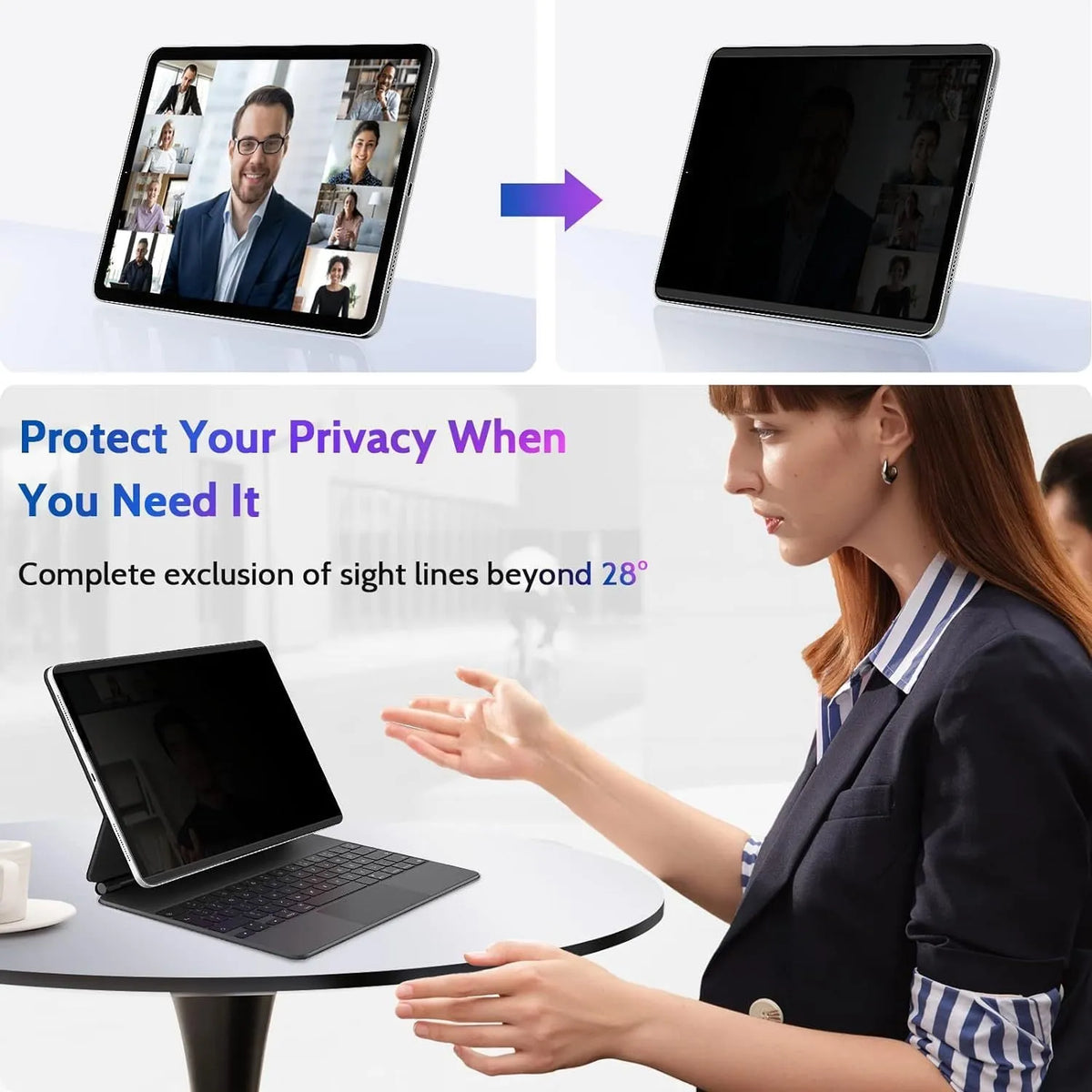 Magnetic suction anti-peeping film on iPad screen with storage clip, showing privacy protection and PET material clarity