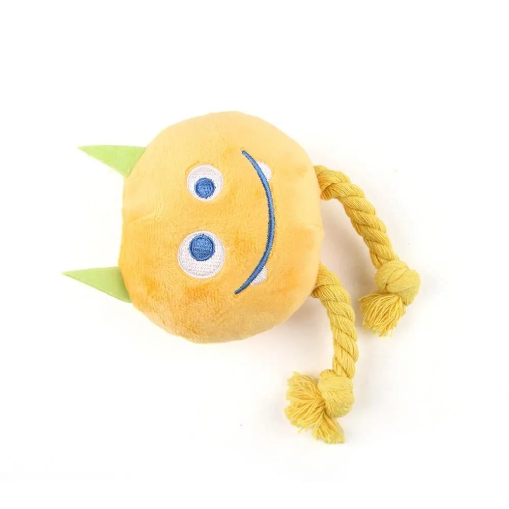 Blue and yellow cotton rope dog squeaky toy with knot design and PP cotton filling