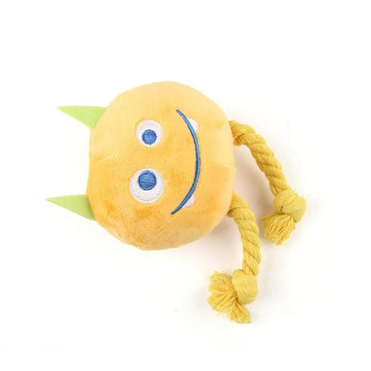 Blue and yellow cotton rope dog squeaky toy with knot design and PP cotton filling