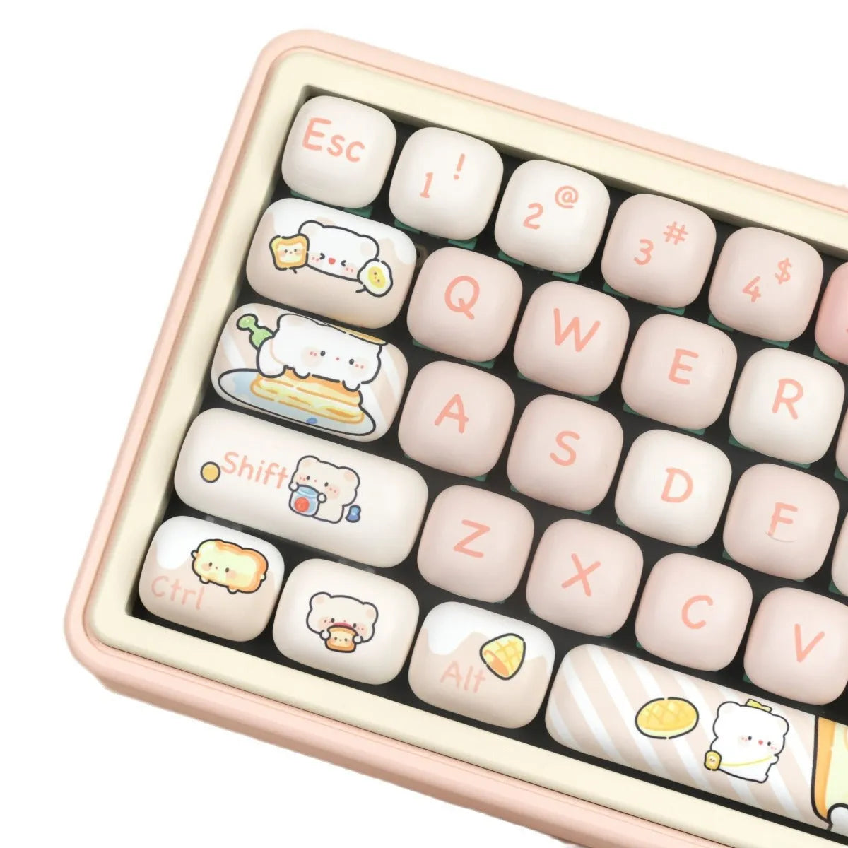 Full set of white PBT key caps with steamed bread and bear character designs for mechanical keyboards.