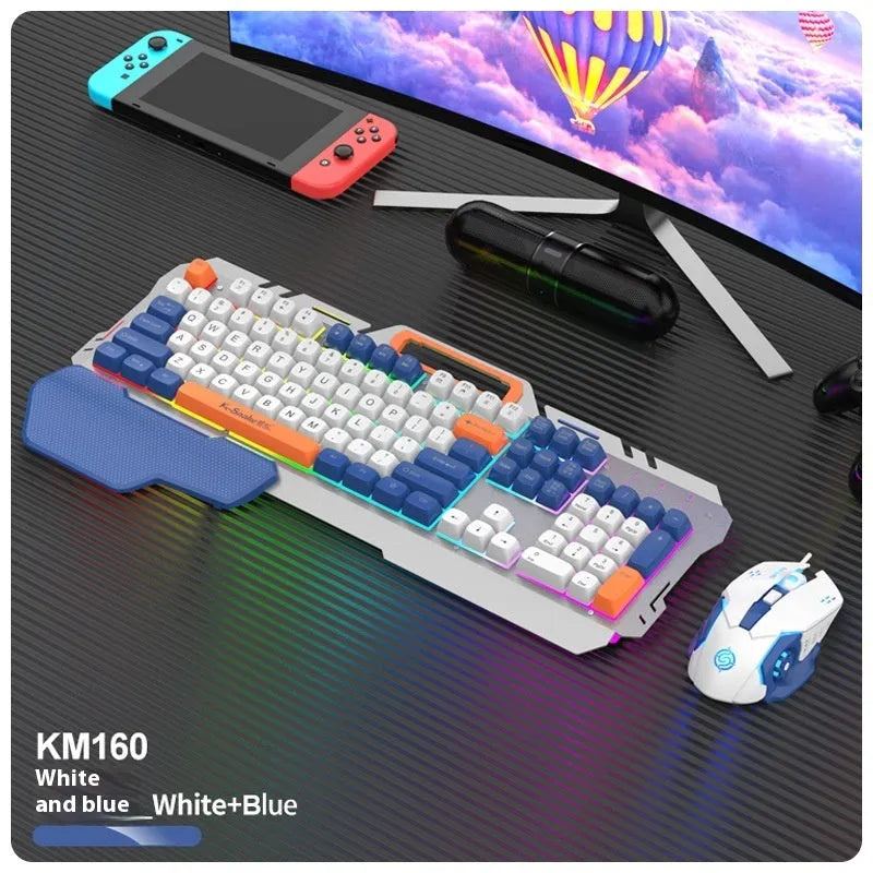 Blue wired gaming keyboard and mouse combo with backlit keys on dark surface