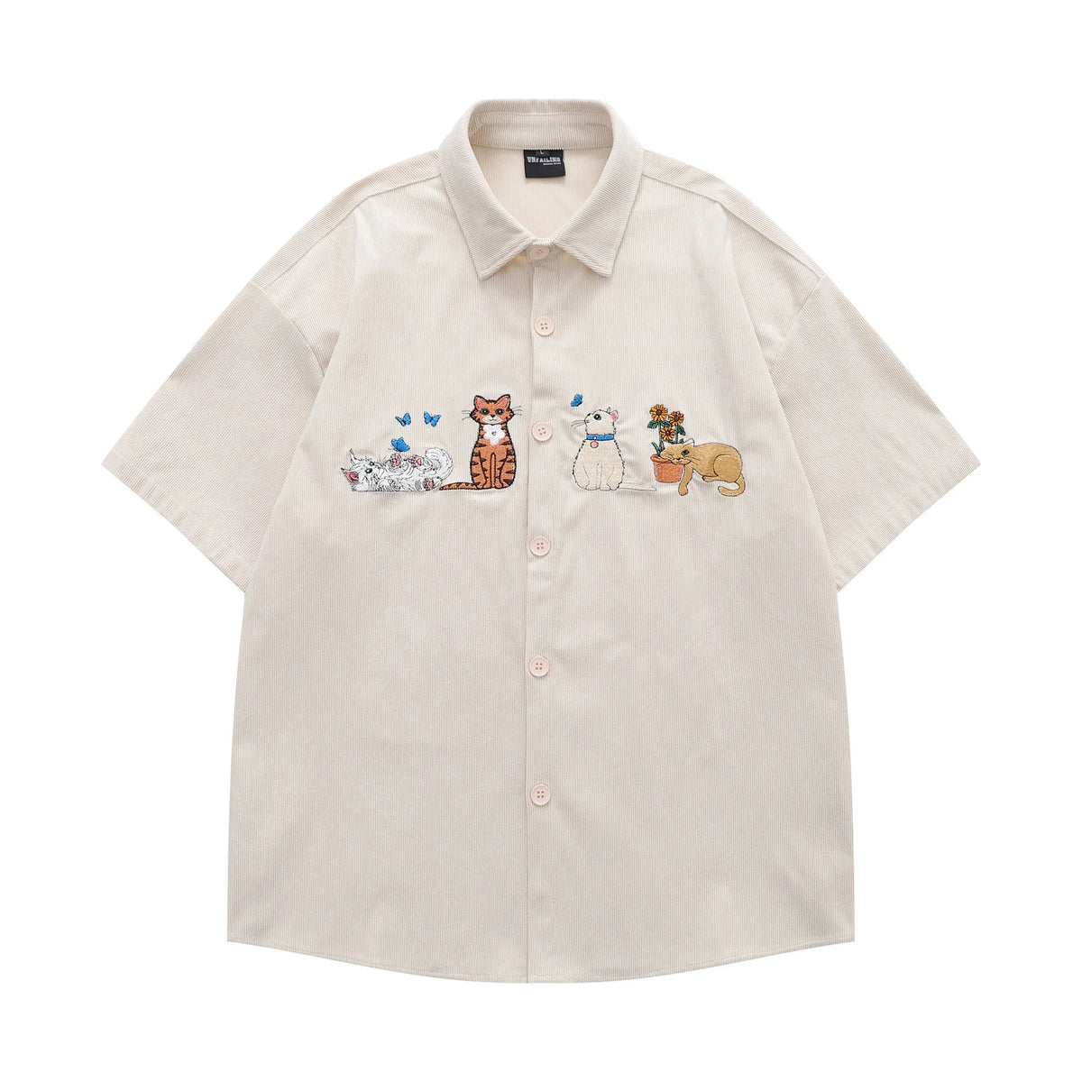 Loose cartoon pattern shirt with embroidery details in apricot, brown, or black