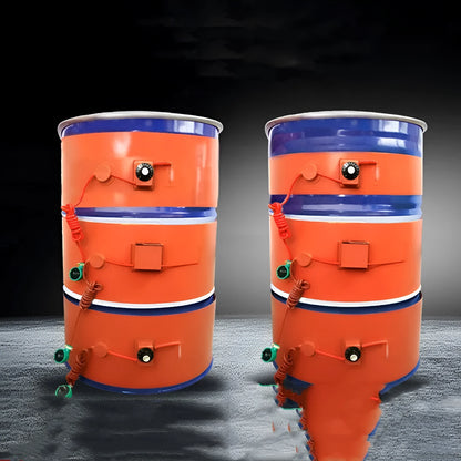 Silicone rubber heating belt wrapped around a 200-litre oil drum with digital display control unit.