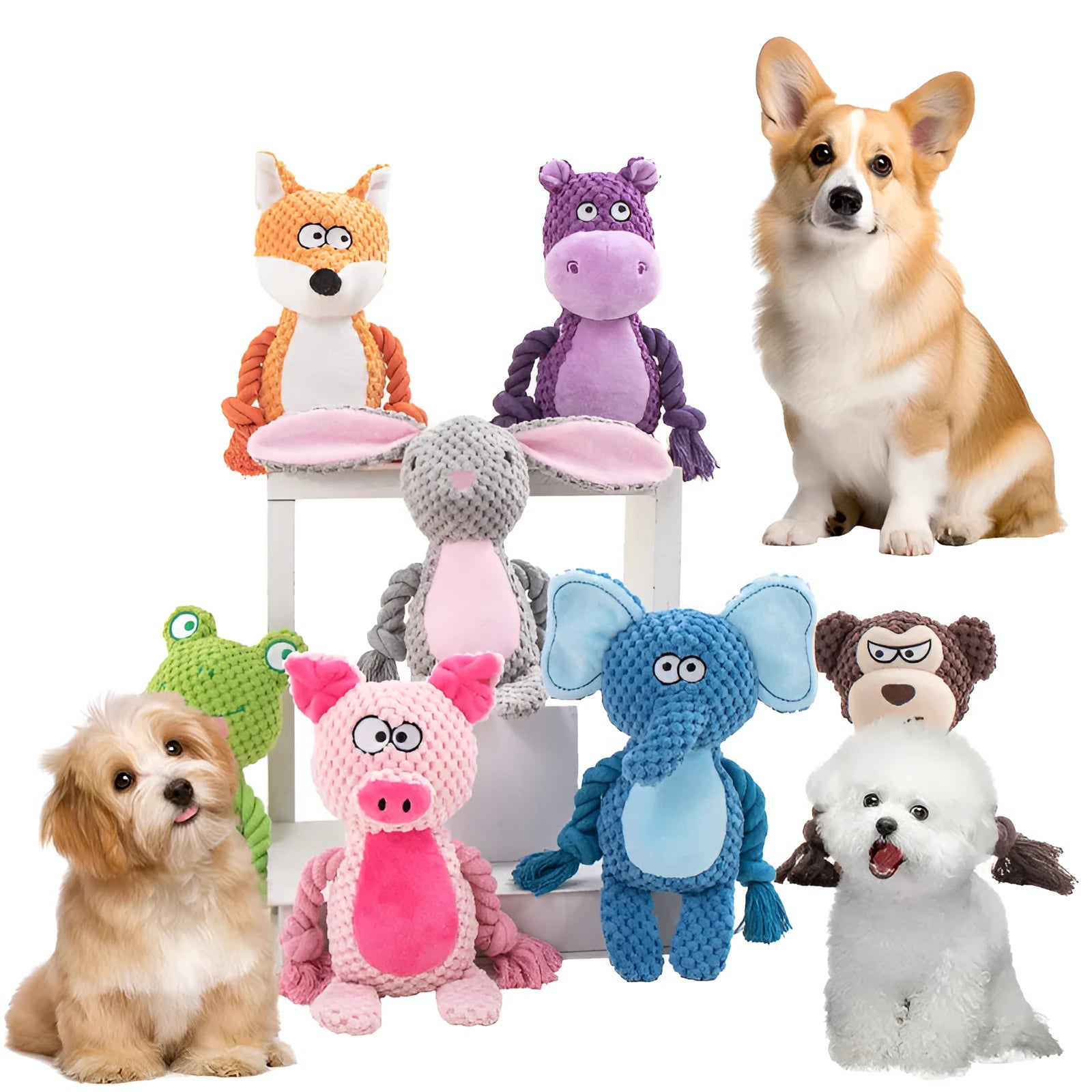 Hippo design plush dog toy with sound feature and cotton rope interior for interactive tug training
