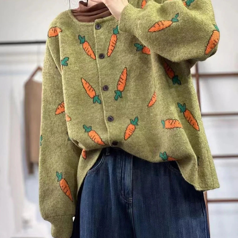 Round neck Mori artistic printing cardigan with colour contrast design in loose casual fit