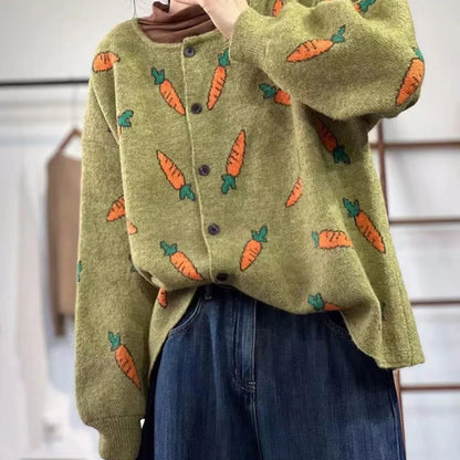 Round neck Mori artistic printing cardigan with colour contrast design in loose casual fit