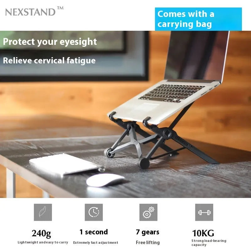 Portable folding computer bracket in sagacious black with lifting mechanism and carrying case