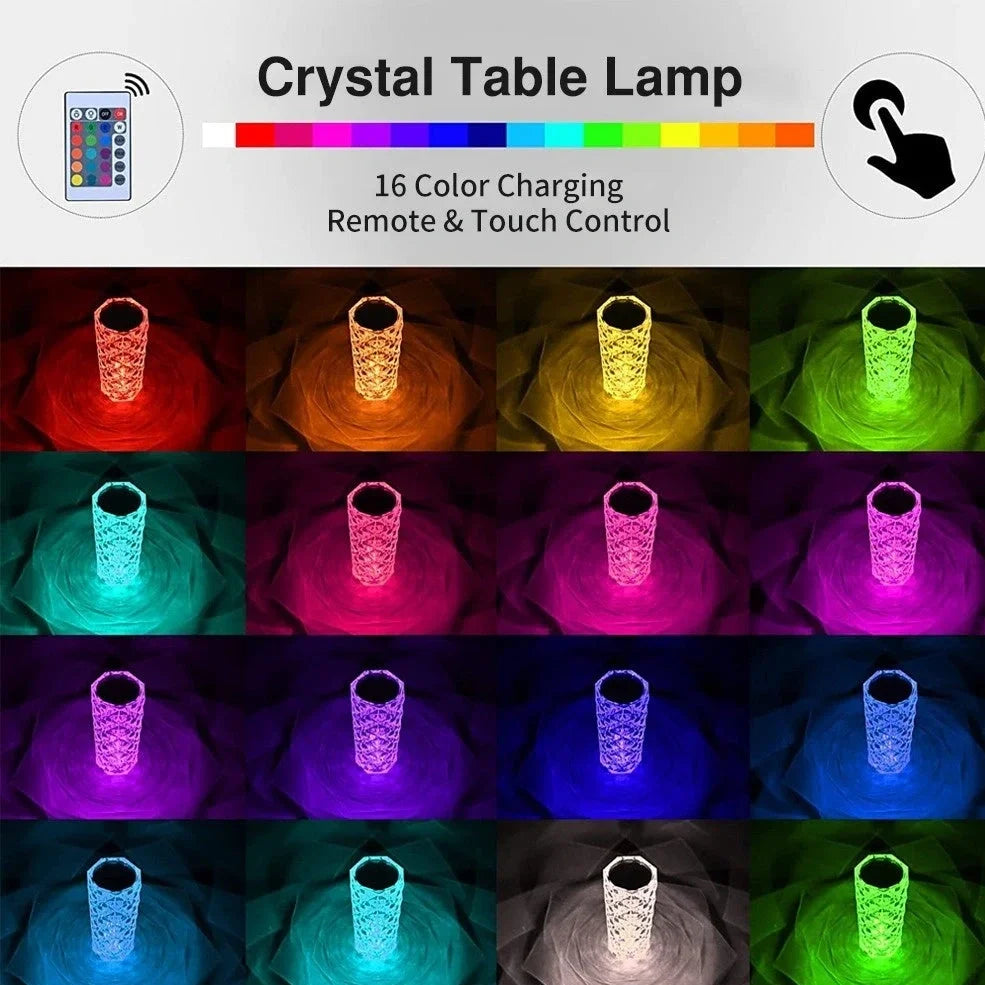Compact 6.22in LED crystal rose table lamp in pink hue with touch base and USB cable