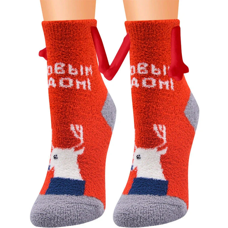 Christmas couple socks with magnetic suction feature for hand holding, in various animal patterns