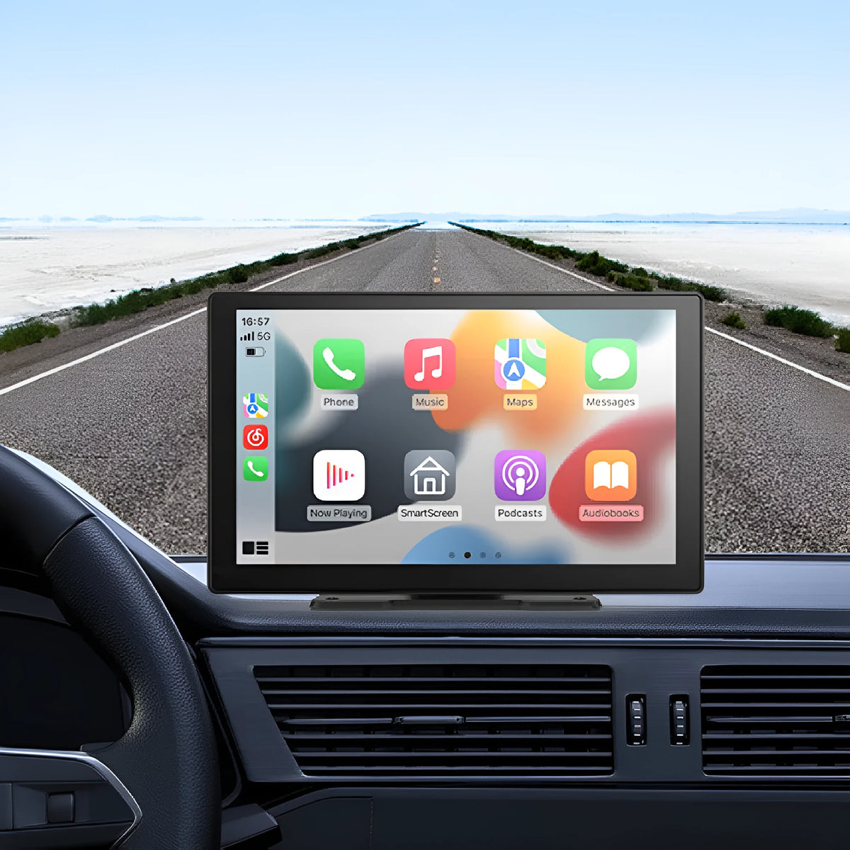 9-inch CarPlay driving recorder with touch screen display showing navigation and dual lens recording system