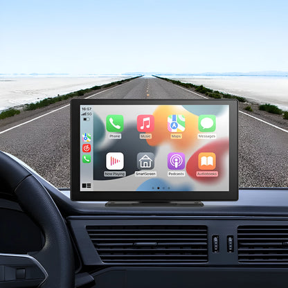 9-inch CarPlay driving recorder with touch screen display showing navigation and dual lens recording system