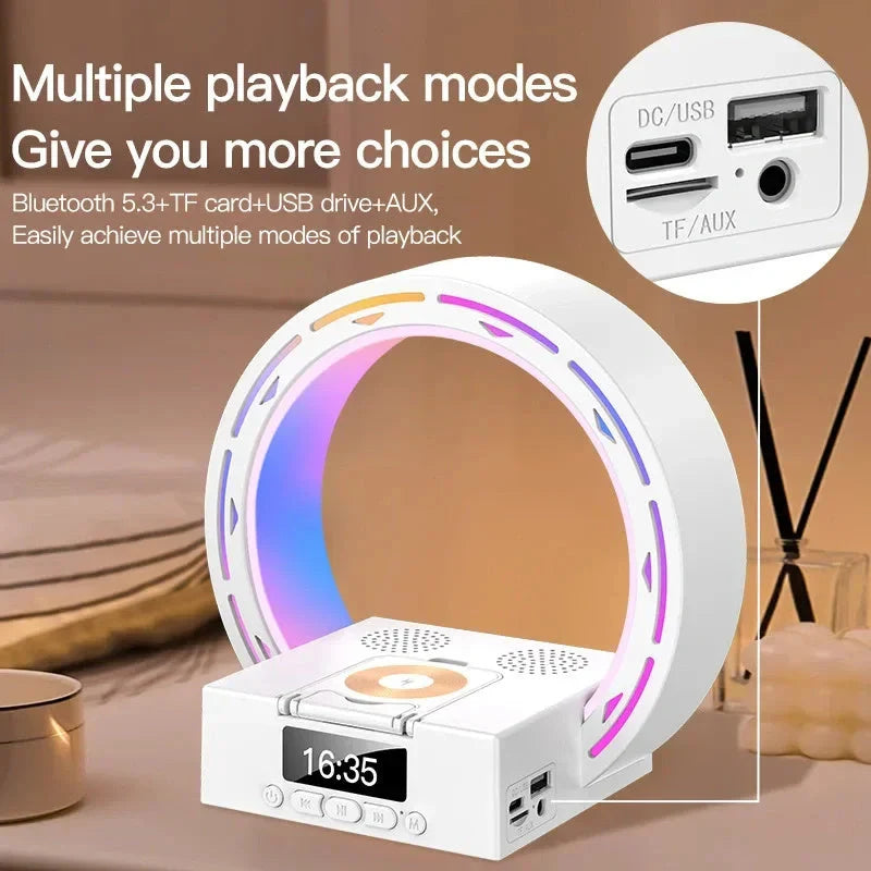 4-in-1 Wireless Bluetooth Speaker with charging pad and bedside lamp in white and black options