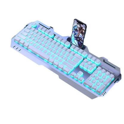 Aluminium alloy mechanical gaming keyboard with rainbow lighting, shown with a macro mouse and gaming headset.