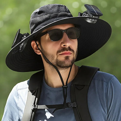 Solar-powered fan hat for men with a wide brim and adjustable chin strap, shown in a neutral colour.