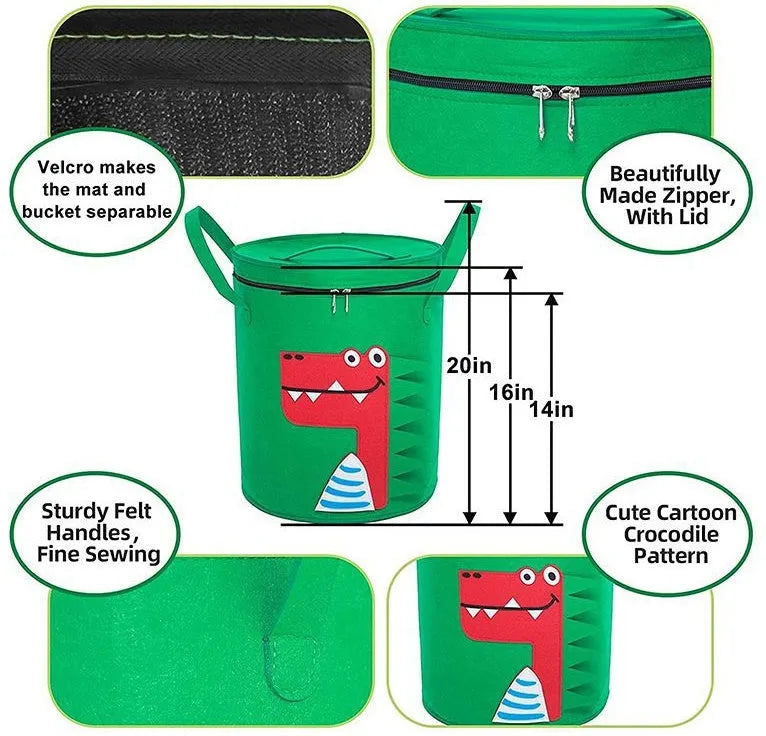 Green felt storage cube with pull rope unfolded flat to show 35cm square waterproof play mat