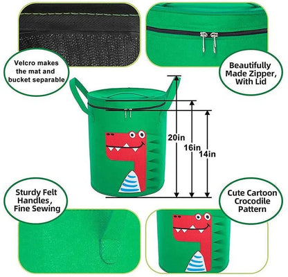 Green felt storage cube with pull rope unfolded flat to show 35cm square waterproof play mat