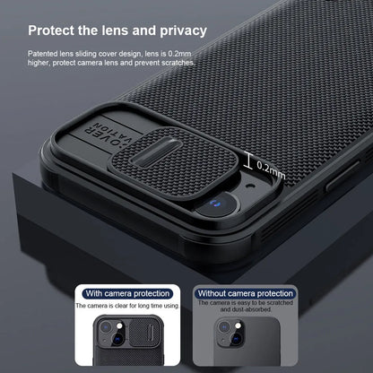 Black textured sliding protective phone case for iPhone 13 Pro Max on a table.