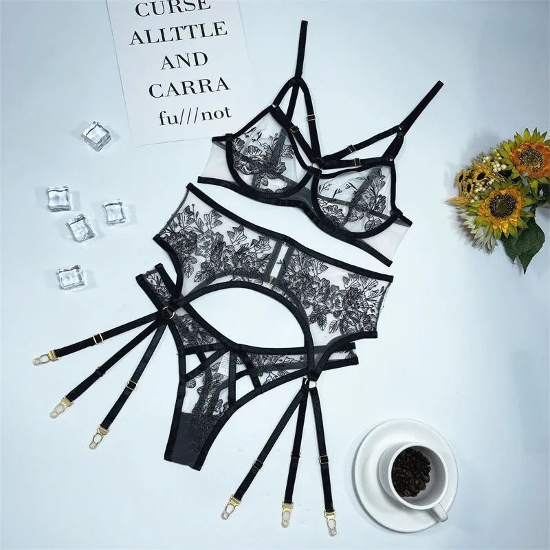 Black women's lace mesh floral print three-piece clothing set with high-waisted trousers and detachable waist ring