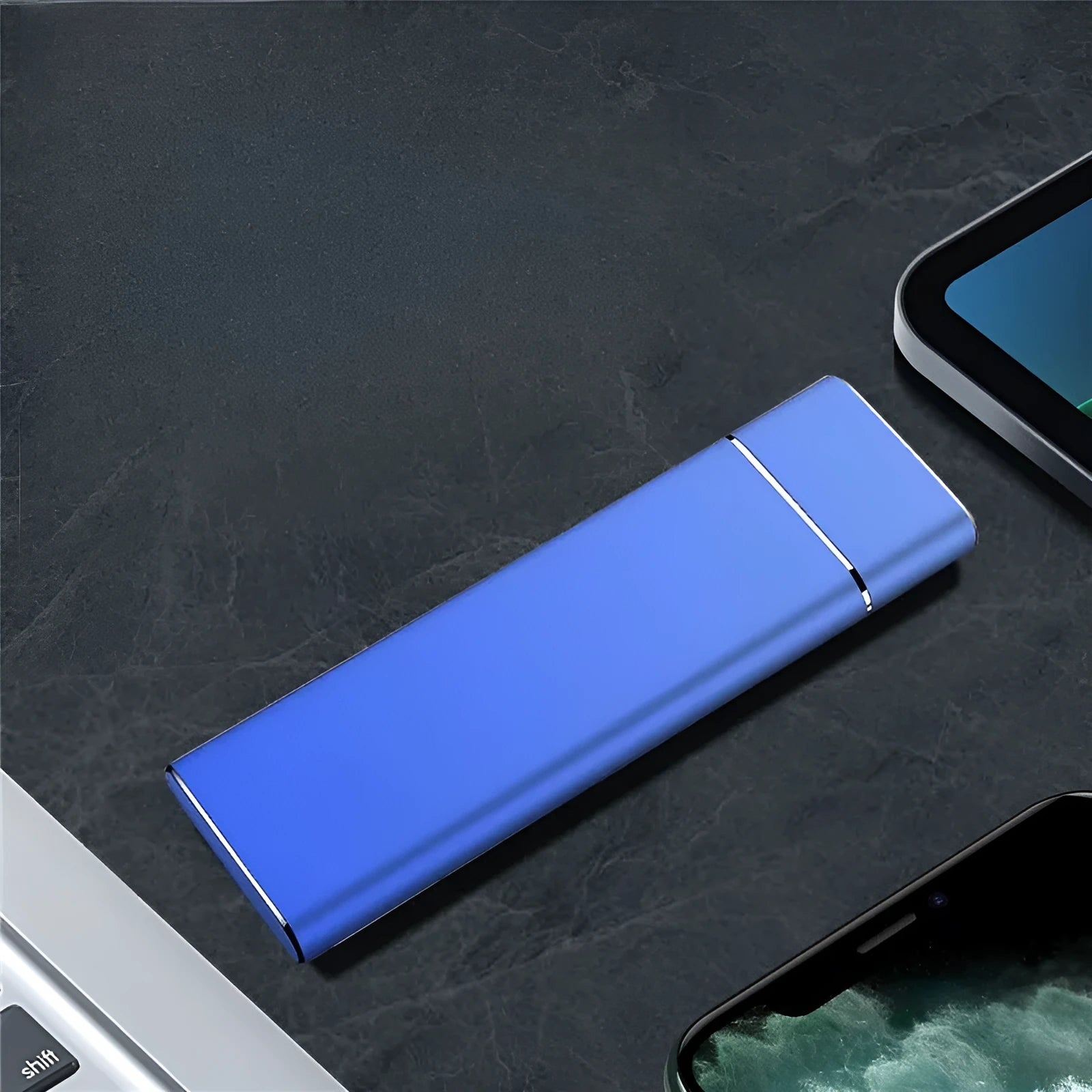 Portable solid state external hard disk with metal shell in sapphire blue colour showing compact dimensions
