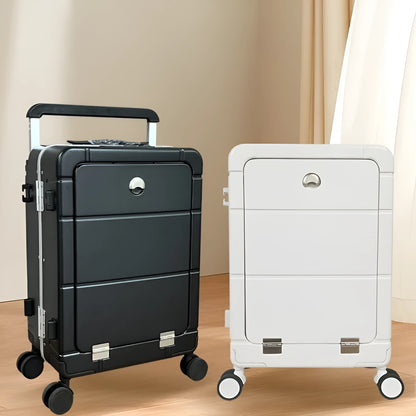 20-inch front opening suitcase in titanium silver colour with universal wheels and a separate compartment.