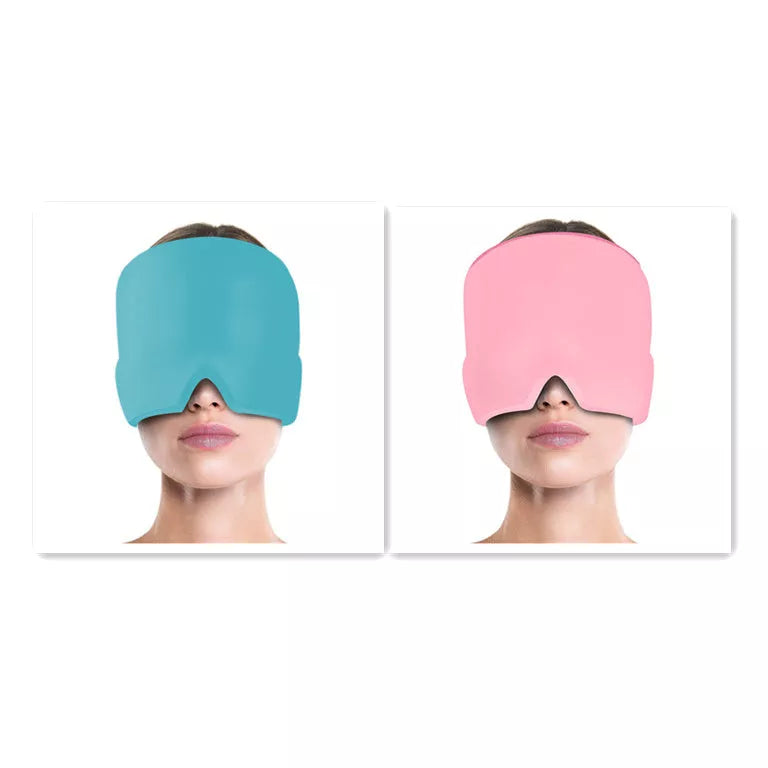 Ice Compress Headache Relief Hat in black and pink, offering 360-degree cold therapy for migraines and stress