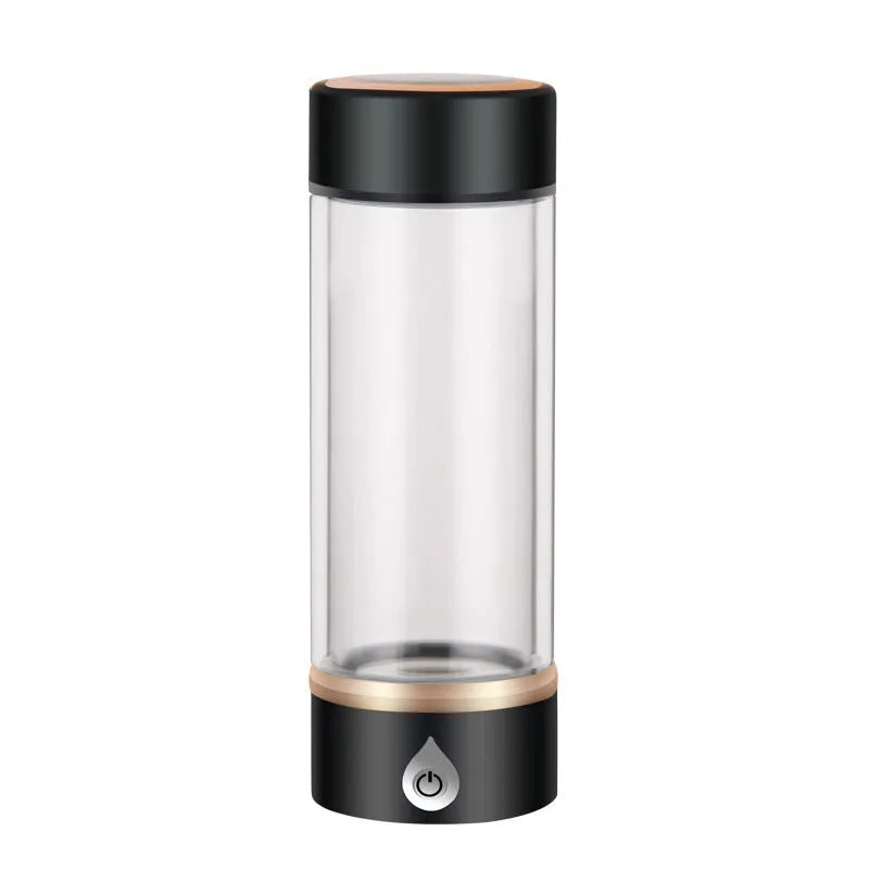Portable hydrogen water ionizer bottle with high borosilicate glass cup in silver finish.