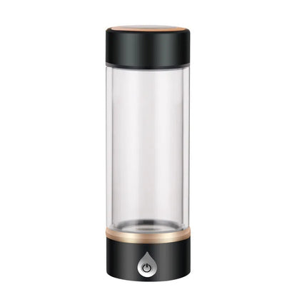 Portable hydrogen water ionizer bottle with high borosilicate glass cup in silver finish.