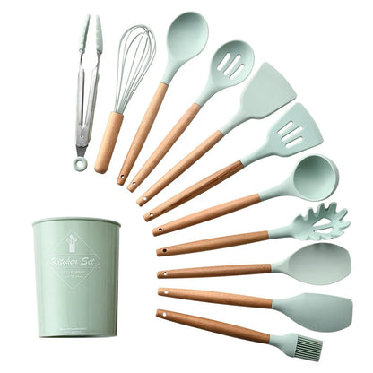 Premium silicone kitchenware set with wooden handle, ideal for cooking and baking