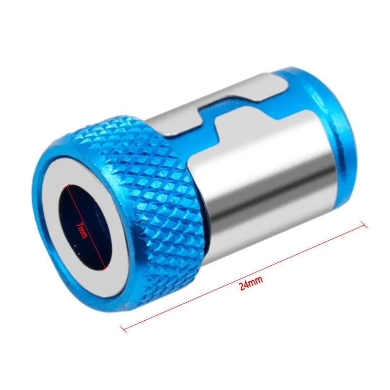 Light blue magnetic screwdriver bit with slotted head and magnetic ring for metric screws