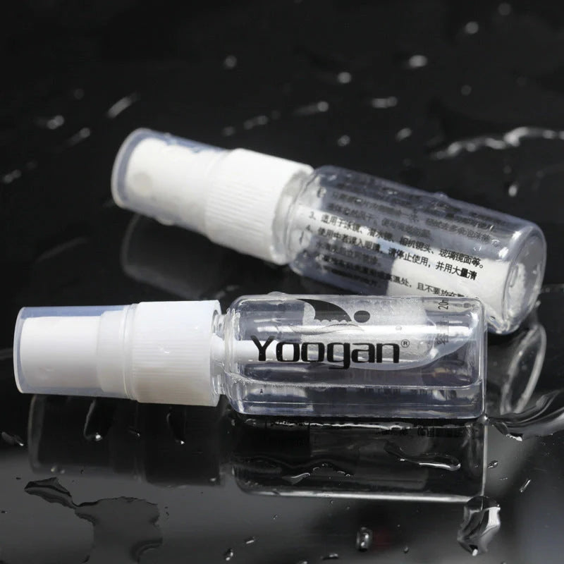 Anti-fog liquid bottle with spray nozzle for eyewear fog prevention