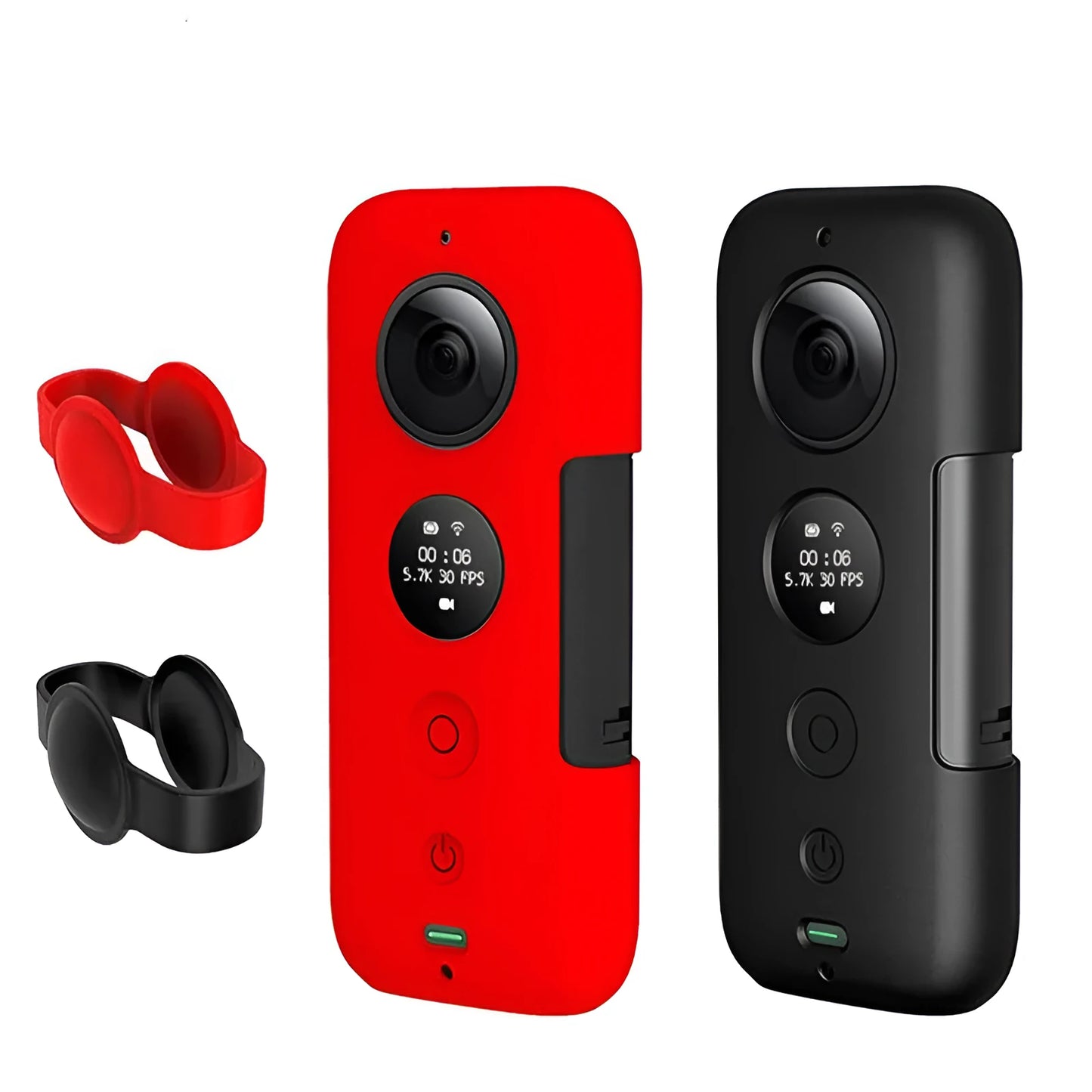 Black and red silicone protective cases for Insta360 ONE X camera showing precise control cutouts