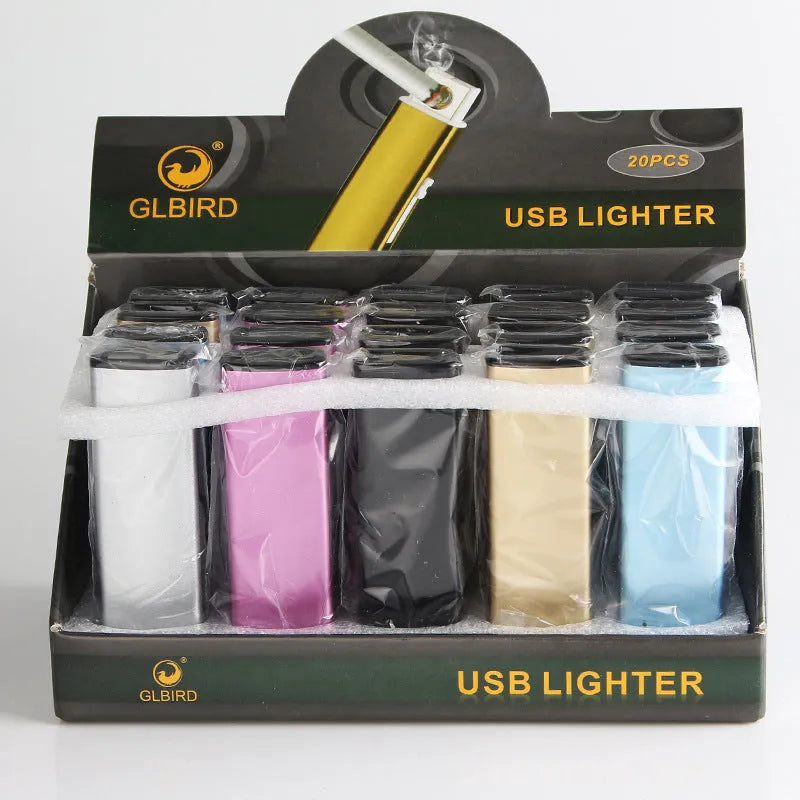 Set of 20 rechargeable metal cigarette lighters in various colours showing windproof design