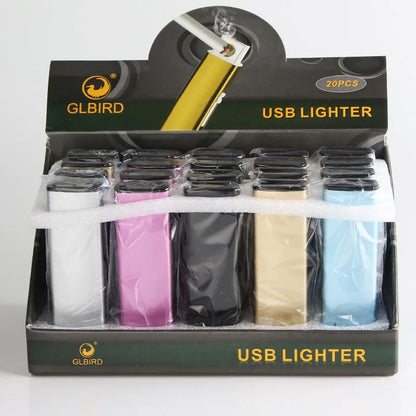 Set of 20 rechargeable metal cigarette lighters in various colours showing windproof design