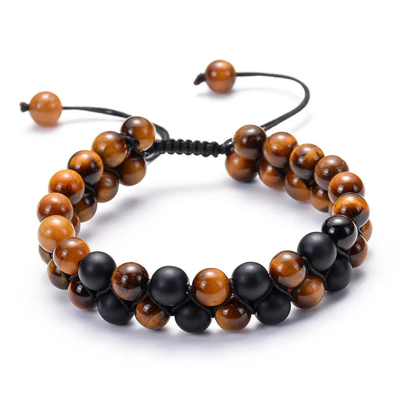 Tiger eye couple bracelets with matte black agate beads in geometric design