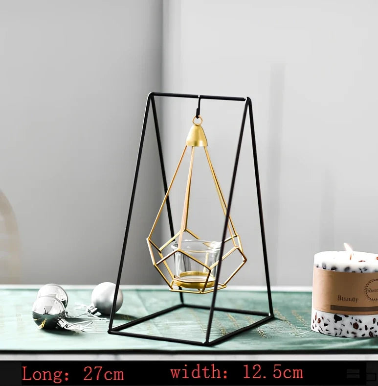 Geometric wrought iron candle holder with angular design, 25cm height and 15cm base diameter