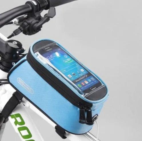 ROSWHEEL bicycle frame bag holder in black blue colour, showing iPhone compatibility and size options