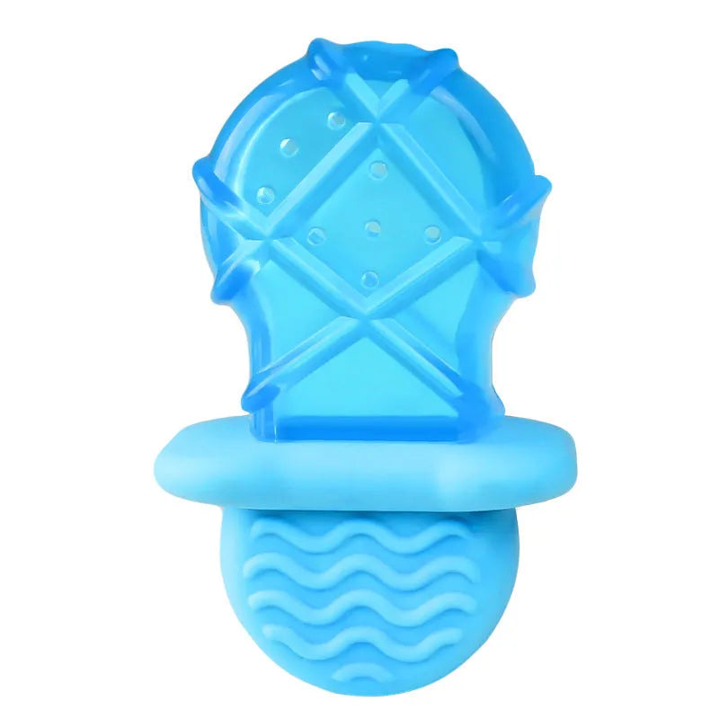 Set of four water-filled silicone dog cooling toys: pacifier, popsicle, and two rings.