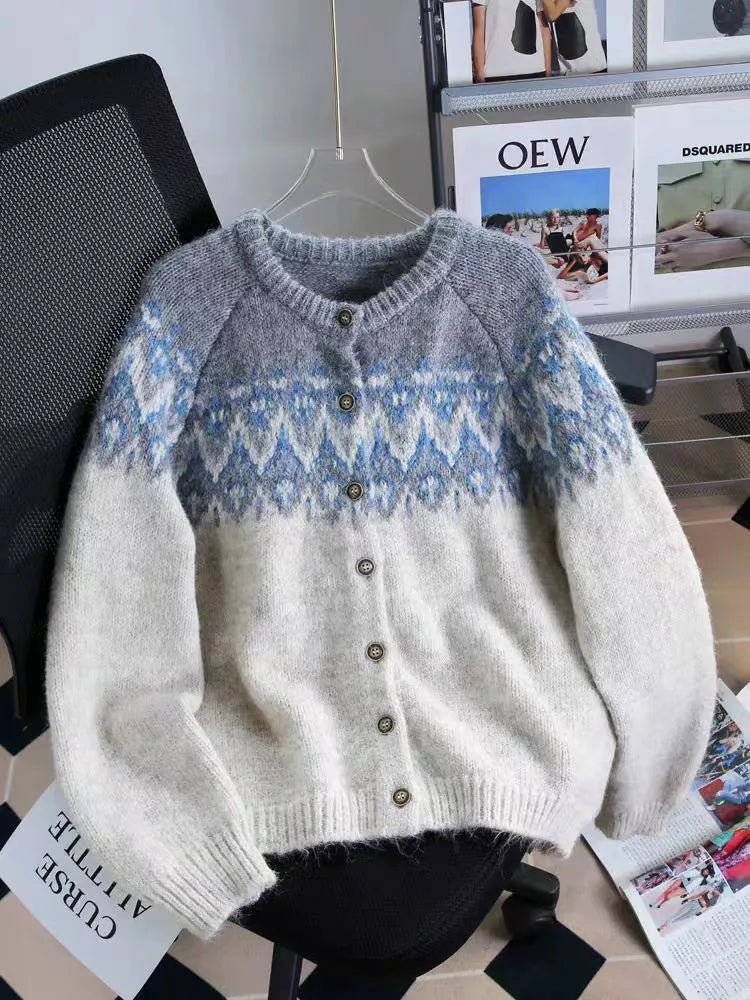 Women's contrast colour jacquard thickened sweater coat in loose fit with long sleeves, available in milky white, brown, and navy blue