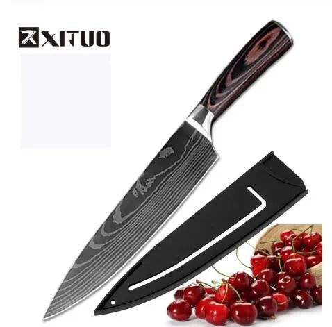 Professional chef knife with laser-etched Damascus pattern on 7Cr17 steel blade and coloured wood handle.