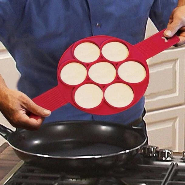 Nonstick silicone pancake maker with seven cavities for creating perfectly shaped pancakes easily