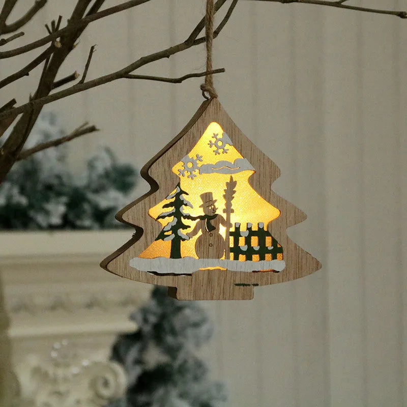 Laser-cut wooden Christmas tree decorations pack including four traditional festive shapes: tree-shaped old man, tree-shaped snowman, tree-shaped deer, and five-star snowman for indoor and outdoor holiday decorating in polychromatic painted finishes.