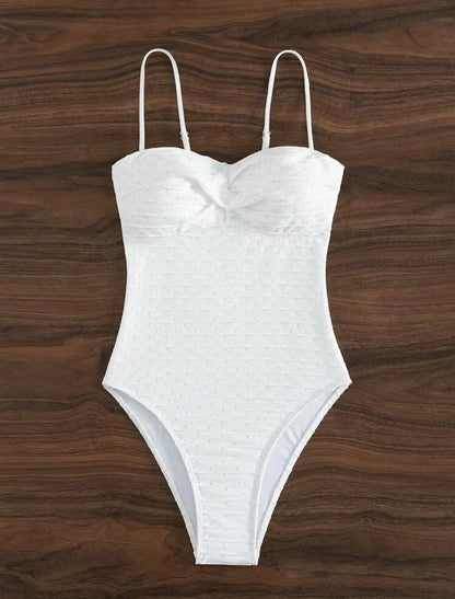 White one-piece swimsuit for women with sling design made from quick-drying polyester fabric