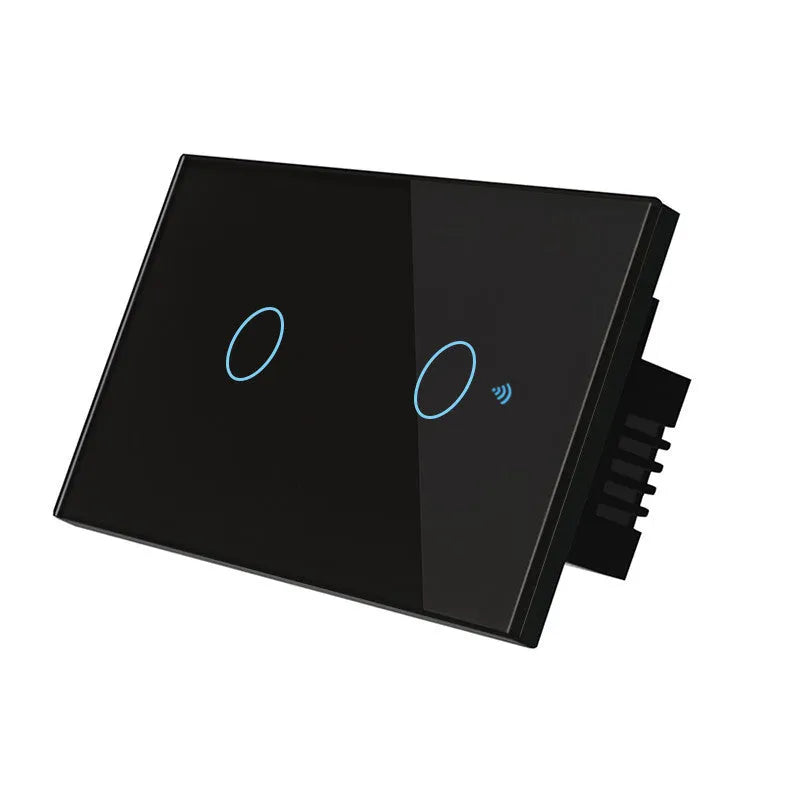 White tempered glass smart touch light switch with blue LED indicator on a UK wall.