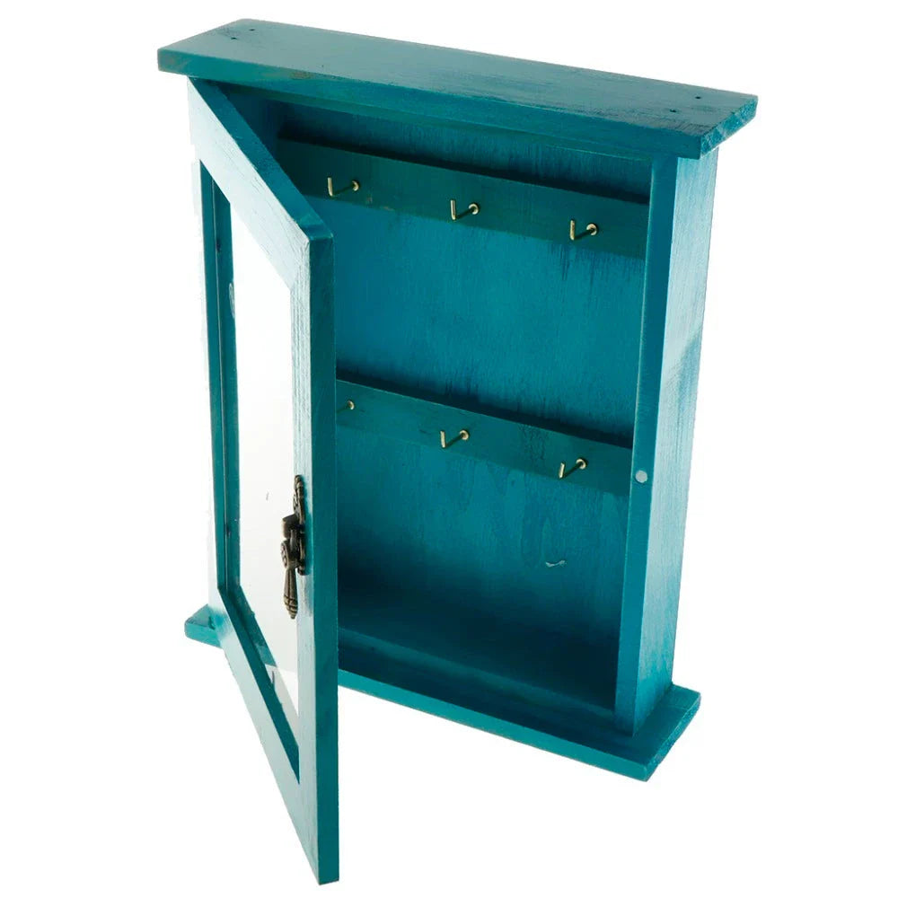Vintage-style wooden key cabinet with 6 hanging hooks, available in blue and bronze colours