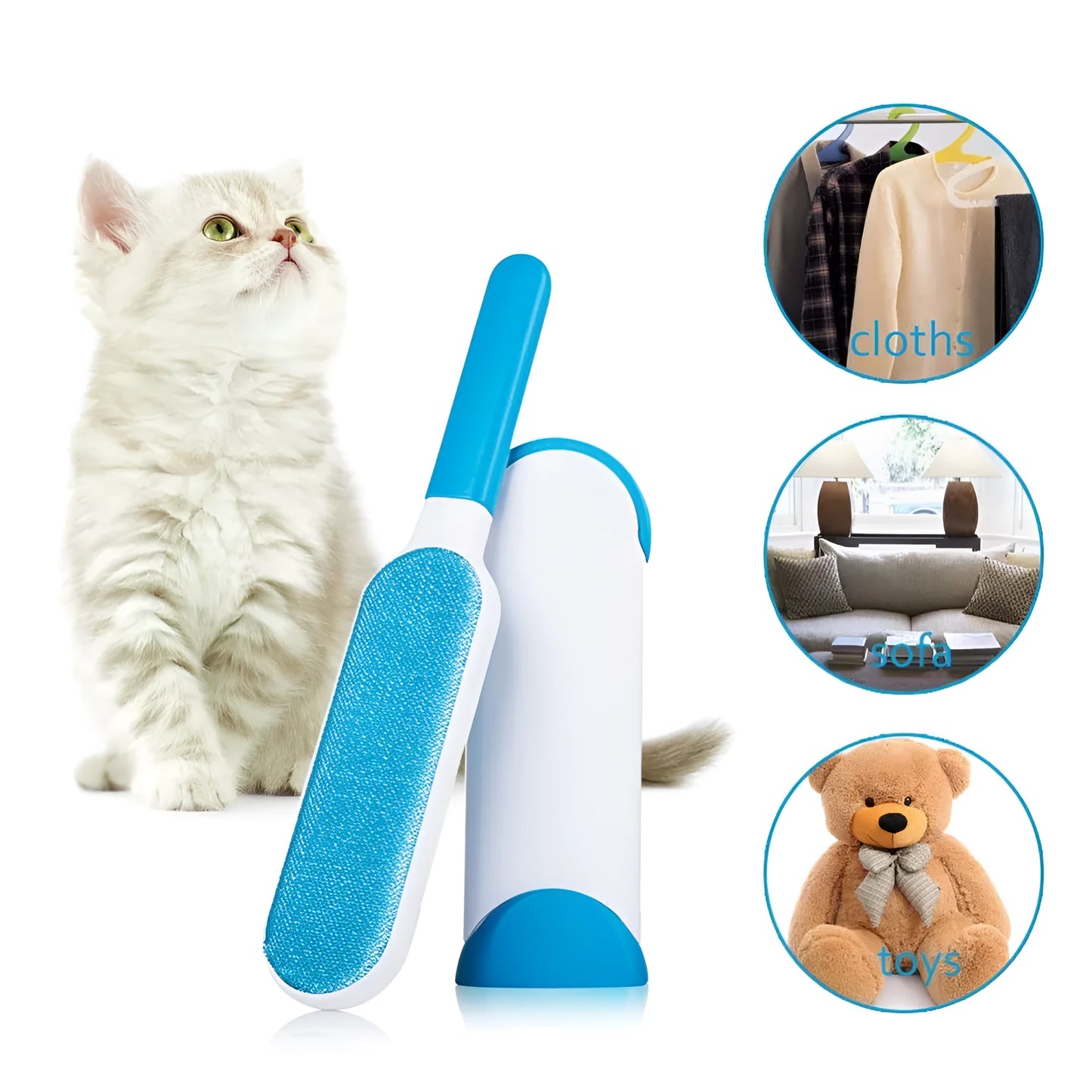 Blue reusable pet hair removal brush with double-sided head next to its self-cleaning base.