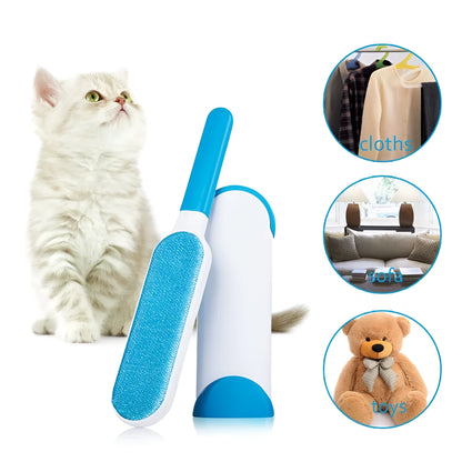 Blue reusable pet hair removal brush with double-sided head next to its self-cleaning base.