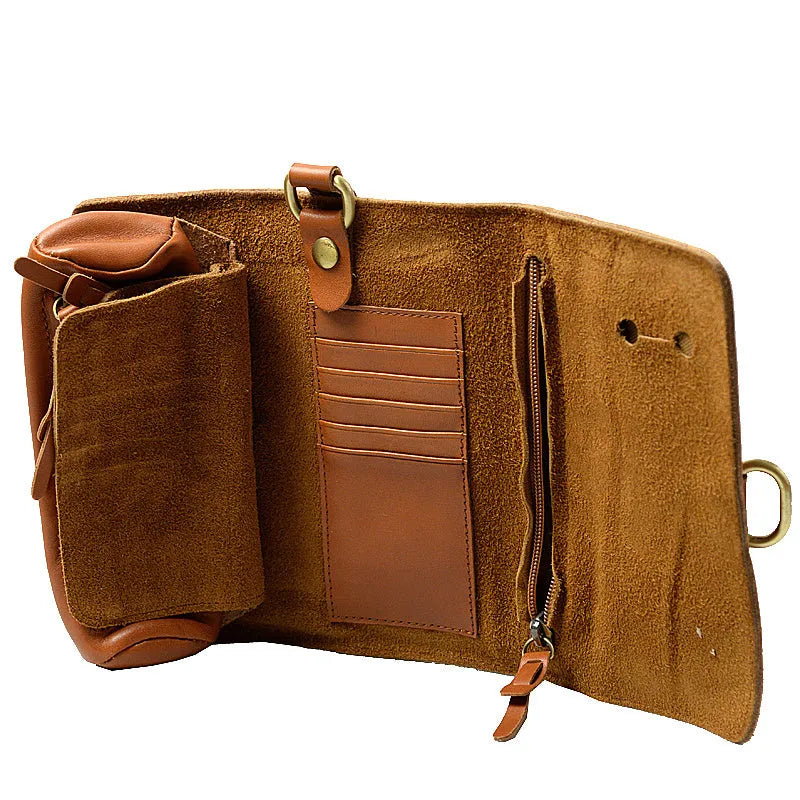 Handmade vintage leather wallet in black or dark brown with tape closure.