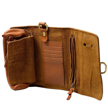 Handmade vintage leather wallet in black or dark brown with tape closure.